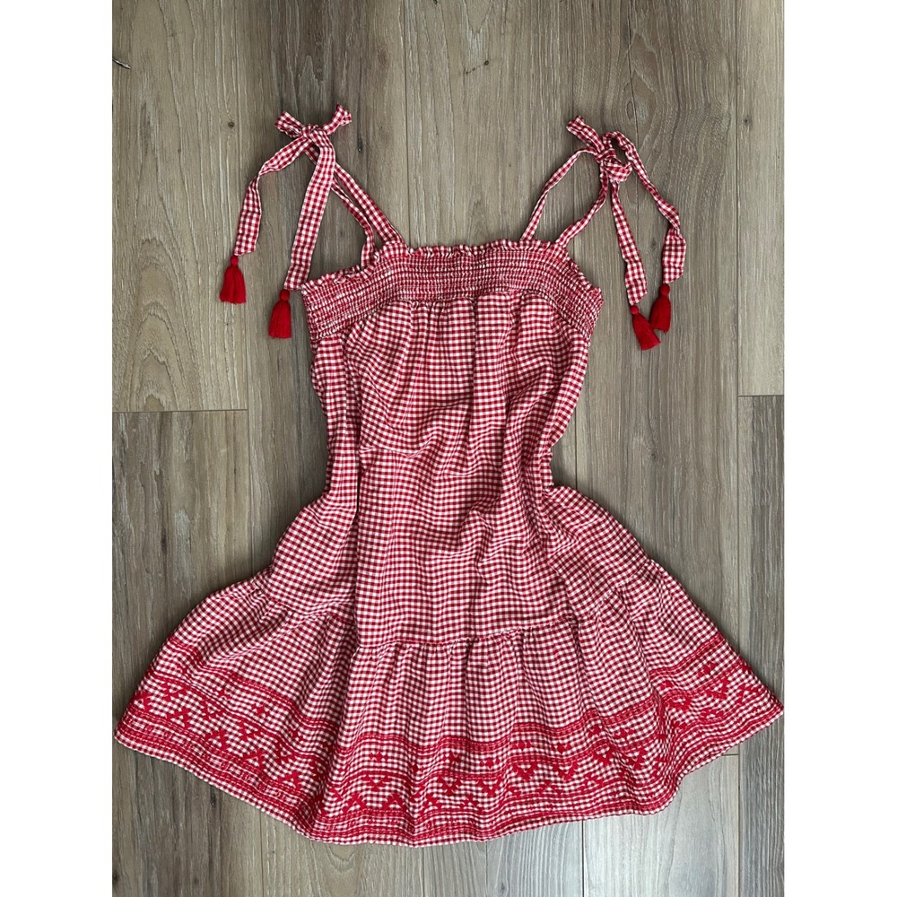 Old Navy Gingham Smocked Tie Strap Embroidered Mini Dress SM Cottagecore Picnic